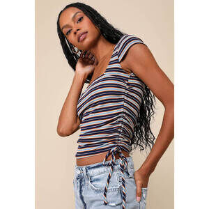 Lulus Sweet Intentions Blue Multi Striped Ruched Cap Sleeve Top - Size S